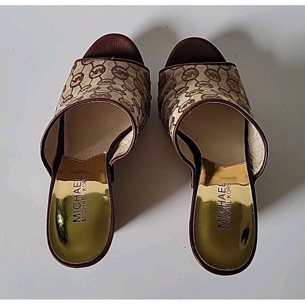 Michael Kors Belinda Open Toe Mules 9M Logo Canvas Suede Leather Platform Wedge - Picture 5 of 15